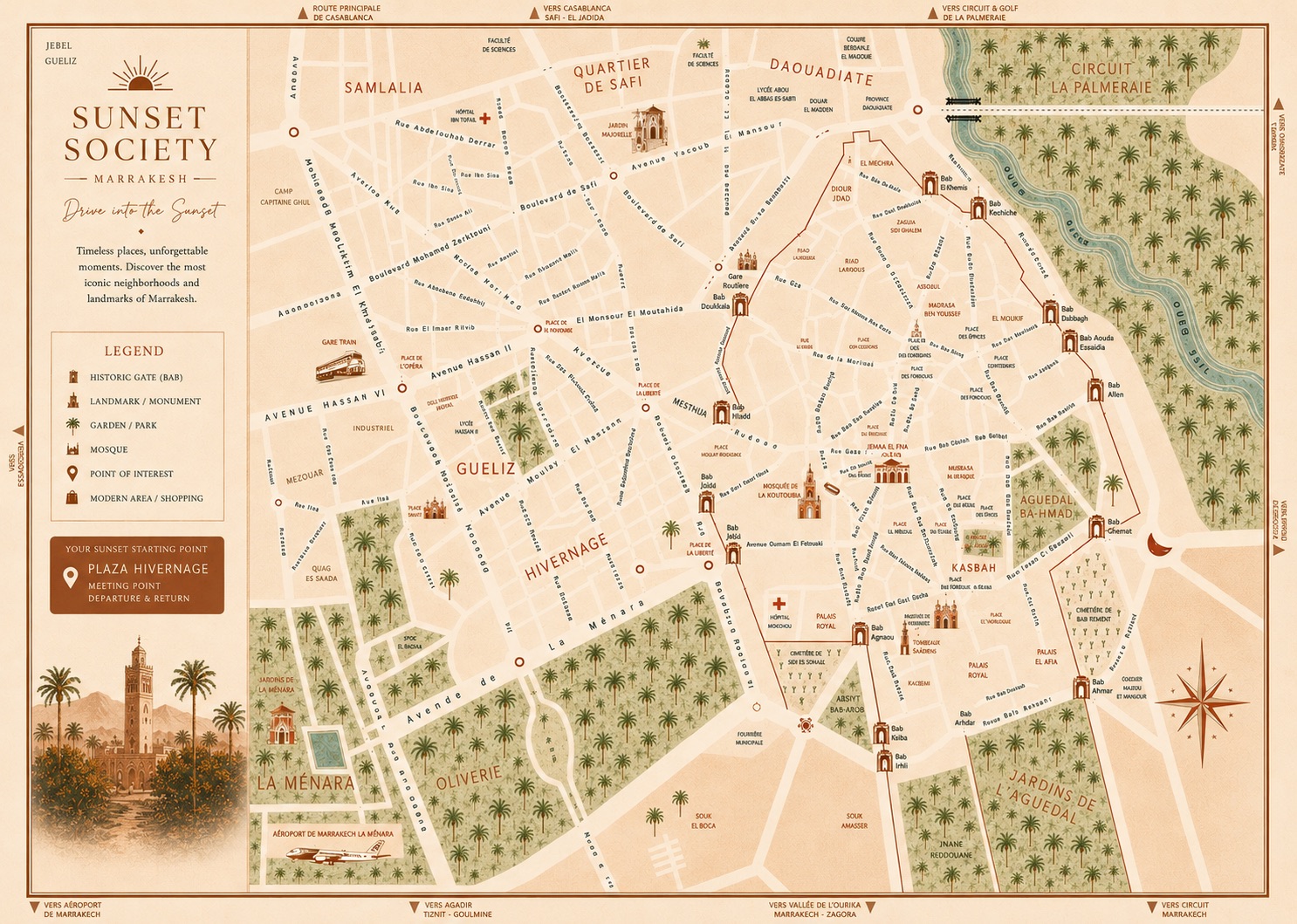 Map of Sunset Society Marrakech private electric tour routes